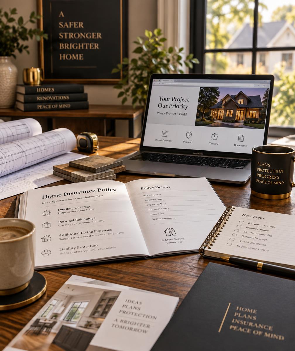 Policy documents, floor plans, and a laptop on a table — HomeWise Advocate sits on the homeowner's side